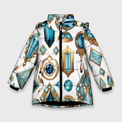 Куртка зимняя для девочки Драгоценности с аквамаринами и топазами на белом ф, цвет: 3D-черный