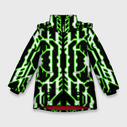 Куртка зимняя для девочки Техно белые линии с зелёной обводкой на чёрном фон, цвет: 3D-красный