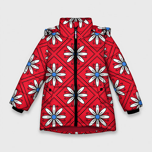 Зимняя куртка для девочки Белые цветы в ромбах на красном / 3D-Красный – фото 1