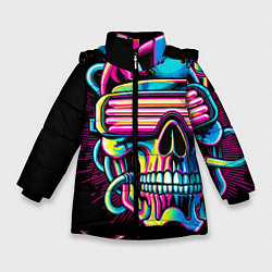 Куртка зимняя для девочки Cyber skull - ai art neon, цвет: 3D-черный