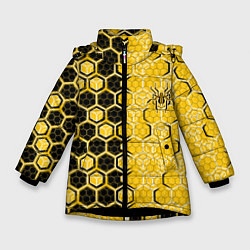 Зимняя куртка для девочки Киберпанк соты шестиугольники жёлтый и чёрный с па