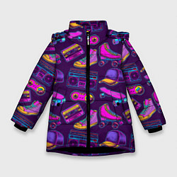 Куртка зимняя для девочки Ретро 80 атрибутика, цвет: 3D-черный