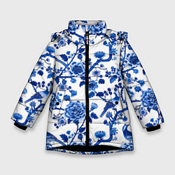 Куртка зимняя для девочки Цветы и птицы орнамент, цвет: 3D-черный