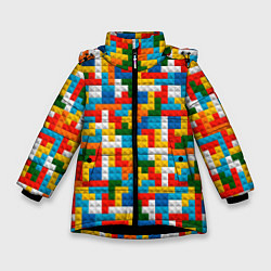 Куртка зимняя для девочки Разноцветные квадратные плитки, цвет: 3D-черный