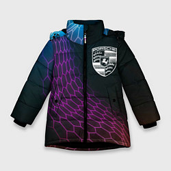 Куртка зимняя для девочки Porsche neon hexagon, цвет: 3D-черный