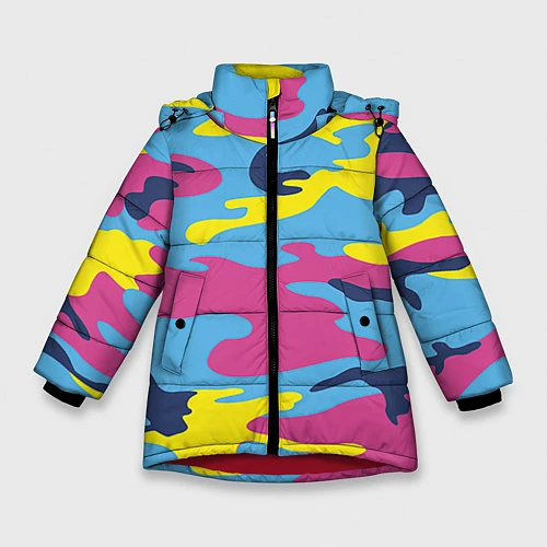 Зимняя куртка для девочки Камуфляж: голубой/розовый/желтый / 3D-Красный – фото 1