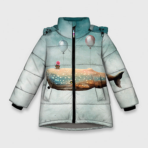 Зимняя куртка для девочки Летящий кит / 3D-Светло-серый – фото 1