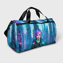 Сумки спортивные Девушка в стиле киберпанк на фоне неонового города, цвет: 3D-принт