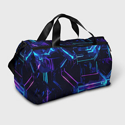 Сумки спортивные Сине-розовые полосы на чёрном фоне, цвет: 3D-принт