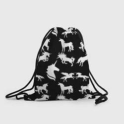 Рюкзак-мешок Белые единороги на черном фоне, цвет: 3D-принт