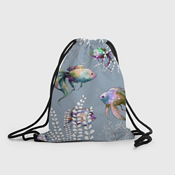 Рюкзак-мешок Разноцветные акварельные рыбки и белые водоросли, цвет: 3D-принт