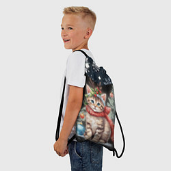 Рюкзак-мешок Новогодний котик у ёлок в шарфе горы в снежинках, цвет: 3D-принт — фото 2