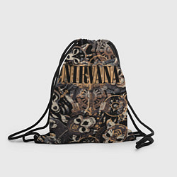 Рюкзак-мешок Nirvana на фоне масок викингов рун и воронов, цвет: 3D-принт