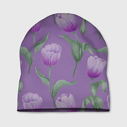Шапка Фиолетовые тюльпаны с зелеными листьями, цвет: 3D-принт
