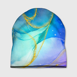 Шапка Абстракция в разных оттенках синего с золотыми нит, цвет: 3D-принт