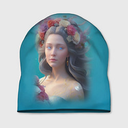 Шапка Цветочный портрет женщины с голубыми глазами, цвет: 3D-принт