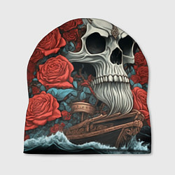 Шапка Череп викинга на корабле с розами в стиле тату ире