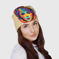Шапка Девушка с разноцветными волосами на клетчатом фоне, цвет: 3D-принт — фото 2