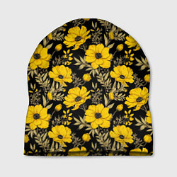 Шапка Желтые цветы на черном фоне паттерн