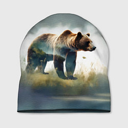 Шапка Минималистичный пейзаж с медведем акварель, цвет: 3D-принт