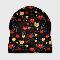 Шапка Паттерн с сердечками и котами валентинка, цвет: 3D-принт