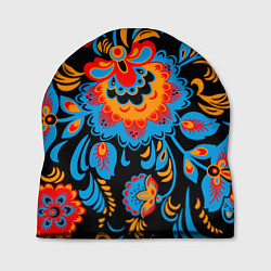 Шапка Хохломская роспись разноцветные цветы на чёроном ф