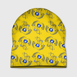 Шапка Узор - цветы гжель на желтом фоне, цвет: 3D-принт