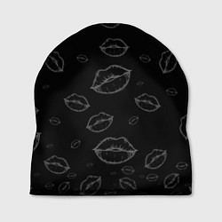 Шапка Паттерн серый контур губ на чёрном - lips black, цвет: 3D-принт