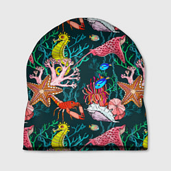 Шапка Морская жизнь под водой - паттерн с звёздами и кон, цвет: 3D-принт