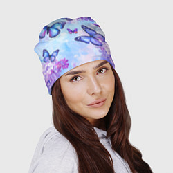 Шапка Бабочки и сирень - нежная голубая живопись, цвет: 3D-принт — фото 2