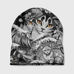 Шапка С котами и рыбой на фоне сакуры в волнах, цвет: 3D-принт