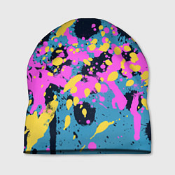 Шапка Брызги краски розовой желтой и темно синей, цвет: 3D-принт