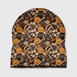 Шапка Новогодний орнамент с корицей и дольками апельсина, цвет: 3D-принт