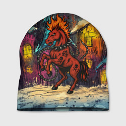 Шапка Красная огненная лошадь панк в городе, цвет: 3D-принт
