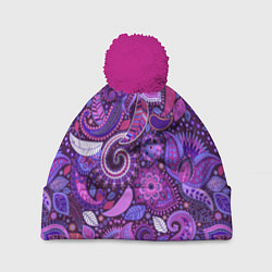 Шапка с помпоном Фиолетовый этнический дудлинг, цвет: 3D-малиновый