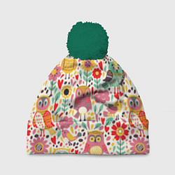 Шапка с помпоном Красочные совы и цветы, цвет: 3D-зеленый