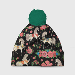 Шапка с помпоном Лошади и цветы, цвет: 3D-зеленый