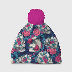 Шапка c помпоном Реалистичные черепа с розами