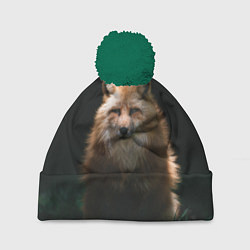 Шапка c помпоном Хитрый лис на черном фоне