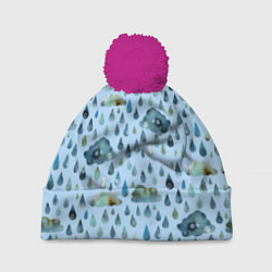 Шапка с помпоном Дождливая осень Тучки и дождь, цвет: 3D-малиновый