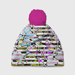 Шапка с помпоном Полосатый абстрактный узор, цвет: 3D-малиновый