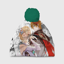 Шапка с помпоном Люмин и Тарталья на фоне манги, цвет: 3D-зеленый