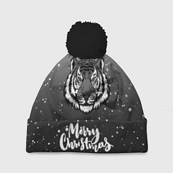 Шапка с помпоном Merry Christmas Год Тигра 2022, цвет: 3D-черный