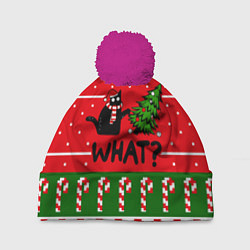 Шапка с помпоном WHAT КОТИК CAT, цвет: 3D-малиновый
