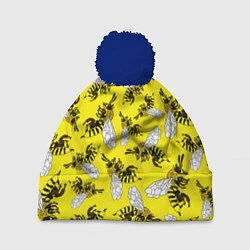 Шапка с помпоном Пчелы на желтом, цвет: 3D-тёмно-синий