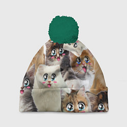 Шапка с помпоном Много кошек с большими анимэ глазами, цвет: 3D-зеленый