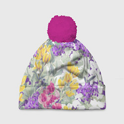 Шапка с помпоном Цветы Красочный Луговой Узор, цвет: 3D-малиновый