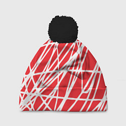Шапка с помпоном Белые линии на красном фоне Абстракция, цвет: 3D-черный
