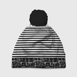 Шапка с помпоном Черно-белый комбинированный абстрактный с полосаты, цвет: 3D-черный
