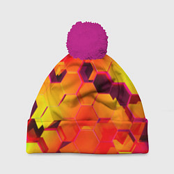 Шапка с помпоном НЕОНОВЫЕ ГРАДИЕНТНЫЕ 3D гексаэдры, цвет: 3D-малиновый